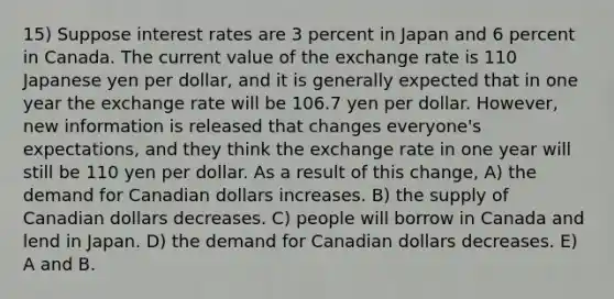 15) Suppose interest rates are 3 percent in Japan and 6 percent in Canada. The current value of the exchange rate is 110 Japanese yen per dollar, and it is generally expected that in one year the exchange rate will be 106.7 yen per dollar. However, new information is released that changes everyone's expectations, and they think the exchange rate in one year will still be 110 yen per dollar. As a result of this change, A) the demand for Canadian dollars increases. B) the supply of Canadian dollars decreases. C) people will borrow in Canada and lend in Japan. D) the demand for Canadian dollars decreases. E) A and B.