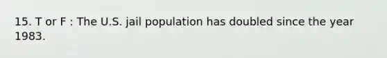 15. T or F : The U.S. jail population has doubled since the year 1983.