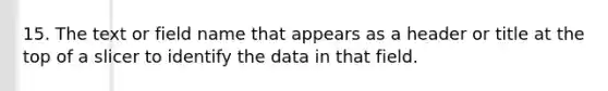 15. The text or field name that appears as a header or title at the top of a slicer to identify the data in that field.