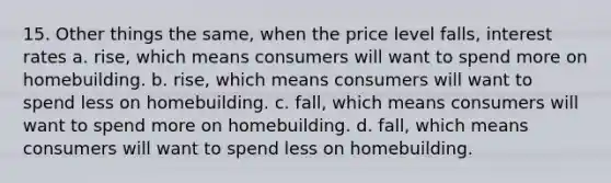 15. Other things the same, when the price level falls, interest rates a. rise, which means consumers will want to spend more on homebuilding. b. rise, which means consumers will want to spend less on homebuilding. c. fall, which means consumers will want to spend more on homebuilding. d. fall, which means consumers will want to spend less on homebuilding.