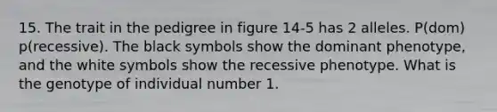 15. The trait in the pedigree in figure 14-5 has 2 alleles. P(dom) p(recessive). The black symbols show the dominant phenotype, and the white symbols show the recessive phenotype. What is the genotype of individual number 1.