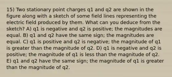 15) Two stationary point charges q1 and q2 are shown in the figure along with a sketch of some field lines representing the electric field produced by them. What can you deduce from the sketch? A) q1 is negative and q2 is positive; the magnitudes are equal. B) q1 and q2 have the same sign; the magnitudes are equal. C) q1 is positive and q2 is negative; the magnitude of q1 is greater than the magnitude of q2. D) q1 is negative and q2 is positive; the magnitude of q1 is less than the magnitude of q2. E) q1 and q2 have the same sign; the magnitude of q1 is greater than the magnitude of q2.