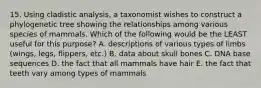 15. Using cladistic analysis, a taxonomist wishes to construct a phylogenetic tree showing the relationships among various species of mammals. Which of the following would be the LEAST useful for this purpose? A. descriptions of various types of limbs (wings, legs, flippers, etc.) B. data about skull bones C. DNA base sequences D. the fact that all mammals have hair E. the fact that teeth vary among types of mammals