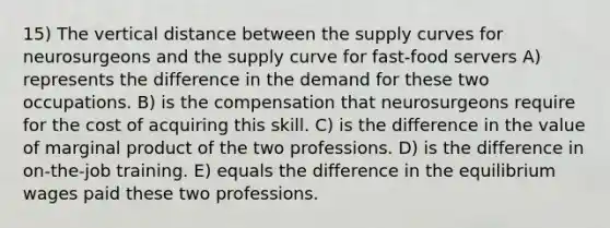 15) The vertical distance between the supply curves for neurosurgeons and the supply curve for fast-food servers A) represents the difference in the demand for these two occupations. B) is the compensation that neurosurgeons require for the cost of acquiring this skill. C) is the difference in the value of marginal product of the two professions. D) is the difference in on-the-job training. E) equals the difference in the equilibrium wages paid these two professions.