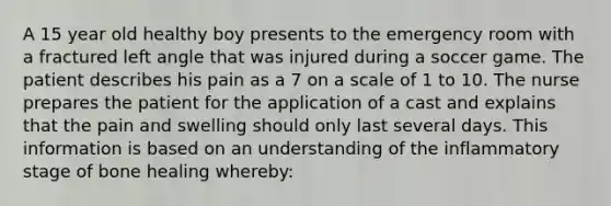 A 15 year old healthy boy presents to the emergency room with a fractured left angle that was injured during a soccer game. The patient describes his pain as a 7 on a scale of 1 to 10. The nurse prepares the patient for the application of a cast and explains that the pain and swelling should only last several days. This information is based on an understanding of the inflammatory stage of bone healing whereby: