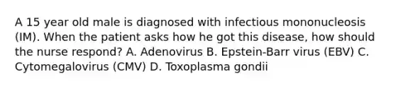 A 15 year old male is diagnosed with infectious mononucleosis (IM). When the patient asks how he got this disease, how should the nurse respond? A. Adenovirus B. Epstein-Barr virus (EBV) C. Cytomegalovirus (CMV) D. Toxoplasma gondii