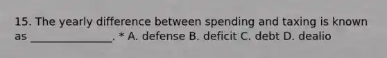 15. The yearly difference between spending and taxing is known as _______________. * A. defense B. deficit C. debt D. dealio