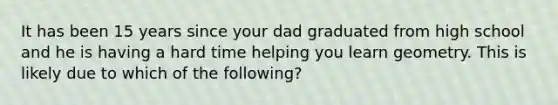 It has been 15 years since your dad graduated from high school and he is having a hard time helping you learn geometry. This is likely due to which of the following?