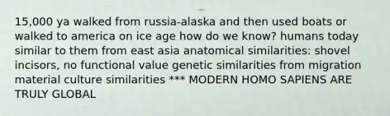 15,000 ya walked from russia-alaska and then used boats or walked to america on ice age how do we know? humans today similar to them from east asia anatomical similarities: shovel incisors, no functional value genetic similarities from migration material culture similarities *** MODERN HOMO SAPIENS ARE TRULY GLOBAL