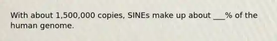 With about 1,500,000 copies, SINEs make up about ___% of the human genome.