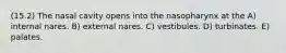(15.2) The nasal cavity opens into the nasopharynx at the A) internal nares. B) external nares. C) vestibules. D) turbinates. E) palates.