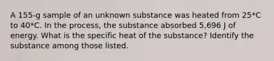 A 155-g sample of an unknown substance was heated from 25*C to 40*C. In the process, the substance absorbed 5,696 J of energy. What is the specific heat of the substance? Identify the substance among those listed.