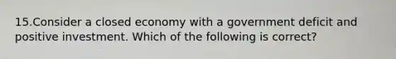 15.Consider a closed economy with a government deficit and positive investment. Which of the following is correct?