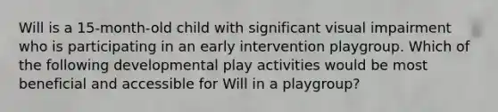 Will is a 15-month-old child with significant visual impairment who is participating in an early intervention playgroup. Which of the following developmental play activities would be most beneficial and accessible for Will in a playgroup?