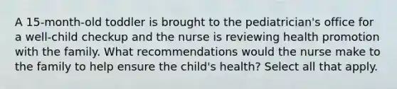 A 15-month-old toddler is brought to the pediatrician's office for a well-child checkup and the nurse is reviewing health promotion with the family. What recommendations would the nurse make to the family to help ensure the child's health? Select all that apply.