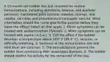 A 15-month-old toddler has just received his routine immunizations, including diphtheria, tetanus, and acellular pertussis; inactivated polio vaccine; measles, mumps, and rubella; varicella; and pneumococcal conjugate vaccine. What information should the nurse give to the parents before they leave the office? Select all that apply. 1. Minor symptoms can be treated with acetaminophen (Tylenol). 2. Minor symptoms can be treated with aspirin (A.S.A.). 3. Call the office if the toddler develops a temperature above 103° F (39.4° C), seizures, or difficulty breathing. 4. Soreness at the immunization site and mild fever are common. 5. The immunizations prevent the toddler from contracting their associated diseases. 6. The toddler should restrict his activity for the remainder of the day.