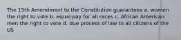 The 15th Amendment to the Constitution guarantees a. women the right to vote b. equal pay for all races c. African American men the right to vote d. due process of law to all citizens of the US