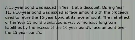 A 15-year bond was issued in Year 1 at a discount. During Year 11, a 10-year bond was issued at face amount with the proceeds used to retire the 15-year bond at its face amount. The net effect of the Year 11 bond transactions was to increase long-term liabilities by the excess of the 10-year bond's face amount over the 15-year bond's: