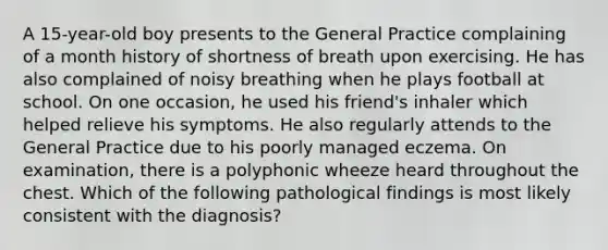 A 15-year-old boy presents to the General Practice complaining of a month history of shortness of breath upon exercising. He has also complained of noisy breathing when he plays football at school. On one occasion, he used his friend's inhaler which helped relieve his symptoms. He also regularly attends to the General Practice due to his poorly managed eczema. On examination, there is a polyphonic wheeze heard throughout the chest. Which of the following pathological findings is most likely consistent with the diagnosis?