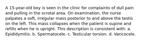 A 15-year-old boy is seen in the clinic for complaints of dull pain and pulling in the scrotal area. On examination, the nurse palpates a soft, irregular mass posterior to and above the testis on the left. This mass collapses when the patient is supine and refills when he is upright. This description is consistent with: a. Epididymitis. b. Spermatocele. c. Testicular torsion. d. Varicocele.