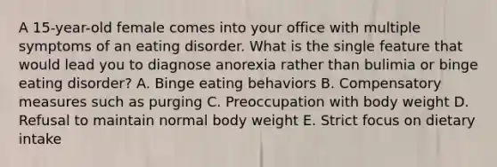 A 15-year-old female comes into your office with multiple symptoms of an eating disorder. What is the single feature that would lead you to diagnose anorexia rather than bulimia or binge eating disorder? A. Binge eating behaviors B. Compensatory measures such as purging C. Preoccupation with body weight D. Refusal to maintain normal body weight E. Strict focus on dietary intake