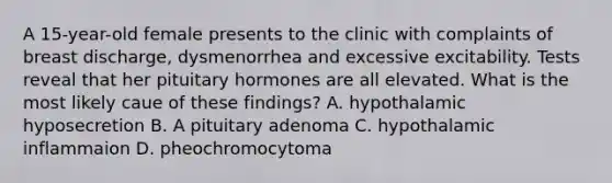 A 15-year-old female presents to the clinic with complaints of breast discharge, dysmenorrhea and excessive excitability. Tests reveal that her pituitary hormones are all elevated. What is the most likely caue of these findings? A. hypothalamic hyposecretion B. A pituitary adenoma C. hypothalamic inflammaion D. pheochromocytoma