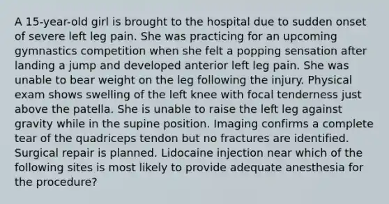 A 15-year-old girl is brought to the hospital due to sudden onset of severe left leg pain. She was practicing for an upcoming gymnastics competition when she felt a popping sensation after landing a jump and developed anterior left leg pain. She was unable to bear weight on the leg following the injury. Physical exam shows swelling of the left knee with focal tenderness just above the patella. She is unable to raise the left leg against gravity while in the supine position. Imaging confirms a complete tear of the quadriceps tendon but no fractures are identified. Surgical repair is planned. Lidocaine injection near which of the following sites is most likely to provide adequate anesthesia for the procedure?