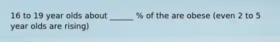 16 to 19 year olds about ______ % of the are obese (even 2 to 5 year olds are rising)