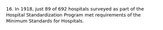 16. In 1918, just 89 of 692 hospitals surveyed as part of the Hospital Standardization Program met requirements of the Minimum Standards for Hospitals.