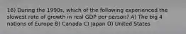 16) During the 1990s, which of the following experienced the slowest rate of growth in real GDP per person? A) The big 4 nations of Europe B) Canada C) Japan D) United States