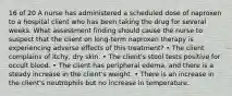 16 of 20 A nurse has administered a scheduled dose of naproxen to a hospital client who has been taking the drug for several weeks. What assessment finding should cause the nurse to suspect that the client on long-term naproxen therapy is experiencing adverse effects of this treatment? • The client complains of itchy, dry skin. • The client's stool tests positive for occult blood. • The client has peripheral edema, and there is a steady increase in the client's weight. • There is an increase in the client's neutrophils but no increase in temperature.