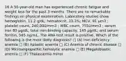 16 A 50-year-old man has experienced chronic fatigue and weight loss for the past 3 months. There are no remarkable findings on physical examination. Laboratory studies show hemoglobin, 11.2 g/dL; hematocrit, 33.3%; MCV, 91 µm3 ; platelet count, 240,000/mm3 ; WBC count, 7550/mm3 ; serum iron 80 µg/dL; total iron-binding capacity, 145 µg/dL; and serum ferritin, 565 ng/mL. The ANA test result is positive. Which of the following is the most likely diagnosis? □ (A) Iron deficiency anemia □ (B) Aplastic anemia □ (C) Anemia of chronic disease □ (D) Microangiopathic hemolytic anemia □ (E) Megaloblastic anemia □ (F) Thalassemia minor