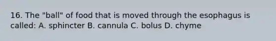 16. The "ball" of food that is moved through the esophagus is called: A. sphincter B. cannula C. bolus D. chyme