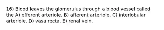 16) Blood leaves the glomerulus through a blood vessel called the A) efferent arteriole. B) afferent arteriole. C) interlobular arteriole. D) vasa recta. E) renal vein.