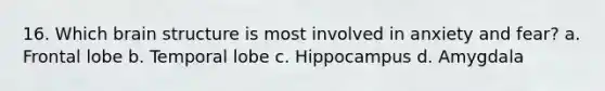 16. Which brain structure is most involved in anxiety and fear? a. Frontal lobe b. Temporal lobe c. Hippocampus d. Amygdala