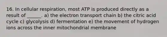 16. In cellular respiration, most ATP is produced directly as a result of ______. a) the electron transport chain b) the citric acid cycle c) glycolysis d) fermentation e) the movement of hydrogen ions across the inner mitochondrial membrane