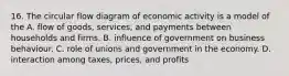 16. The circular flow diagram of economic activity is a model of the A. flow of goods, services, and payments between households and firms. B. influence of government on business behaviour. C. role of unions and government in the economy. D. interaction among taxes, prices, and profits