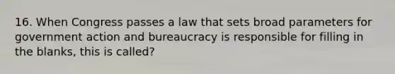 16. When Congress passes a law that sets broad parameters for government action and bureaucracy is responsible for filling in the blanks, this is called?