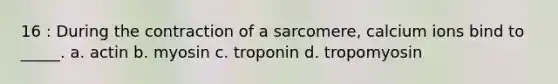 16 : During the contraction of a sarcomere, calcium ions bind to _____. a. actin b. myosin c. troponin d. tropomyosin