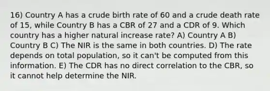 16) Country A has a crude birth rate of 60 and a crude death rate of 15, while Country B has a CBR of 27 and a CDR of 9. Which country has a higher natural increase rate? A) Country A B) Country B C) The NIR is the same in both countries. D) The rate depends on total population, so it can't be computed from this information. E) The CDR has no direct correlation to the CBR, so it cannot help determine the NIR.