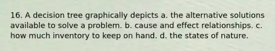 16. A decision tree graphically depicts a. the alternative solutions available to solve a problem. b. cause and effect relationships. c. how much inventory to keep on hand. d. the states of nature.