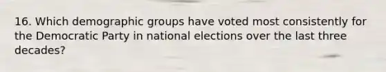 16. Which demographic groups have voted most consistently for the Democratic Party in national elections over the last three decades?