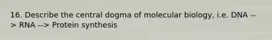 16. Describe the central dogma of molecular biology, i.e. DNA --> RNA --> Protein synthesis