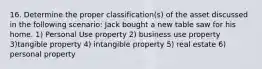 16. Determine the proper classification(s) of the asset discussed in the following scenario: Jack bought a new table saw for his home. 1) Personal Use property 2) business use property 3)tangible property 4) intangible property 5) real estate 6) personal property