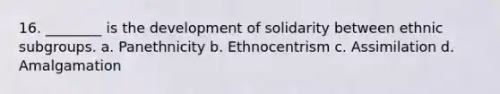 16. ________ is the development of solidarity between ethnic subgroups. a. Panethnicity b. Ethnocentrism c. Assimilation d. Amalgamation