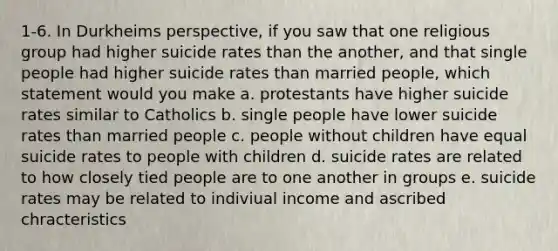 1-6. In Durkheims perspective, if you saw that one religious group had higher suicide rates than the another, and that single people had higher suicide rates than married people, which statement would you make a. protestants have higher suicide rates similar to Catholics b. single people have lower suicide rates than married people c. people without children have equal suicide rates to people with children d. suicide rates are related to how closely tied people are to one another in groups e. suicide rates may be related to indiviual income and ascribed chracteristics