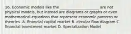 16. Economic models like the _____________________ are not physical models, but instead are diagrams or graphs or even mathematical equations that represent economic patterns or theories. A. financial capital market B. circular flow diagram C. financial investment market D. Specialization Model