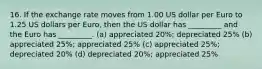 16. If the exchange rate moves from 1.00 US dollar per Euro to 1.25 US dollars per Euro, then the US dollar has _________ and the Euro has _________. (a) appreciated 20%; depreciated 25% (b) appreciated 25%; appreciated 25% (c) appreciated 25%; depreciated 20% (d) depreciated 20%; appreciated 25%