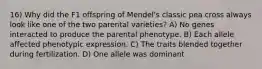 16) Why did the F1 offspring of Mendel's classic pea cross always look like one of the two parental varieties? A) No genes interacted to produce the parental phenotype. B) Each allele affected phenotypic expression. C) The traits blended together during fertilization. D) One allele was dominant