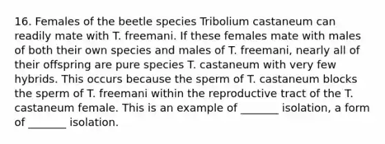 16. Females of the beetle species Tribolium castaneum can readily mate with T. freemani. If these females mate with males of both their own species and males of T. freemani, nearly all of their offspring are pure species T. castaneum with very few hybrids. This occurs because the sperm of T. castaneum blocks the sperm of T. freemani within the reproductive tract of the T. castaneum female. This is an example of _______ isolation, a form of _______ isolation.